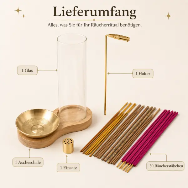 Räucherstäbchenhalter Set mit 30 Räucherstäbchen | Holz & Gold