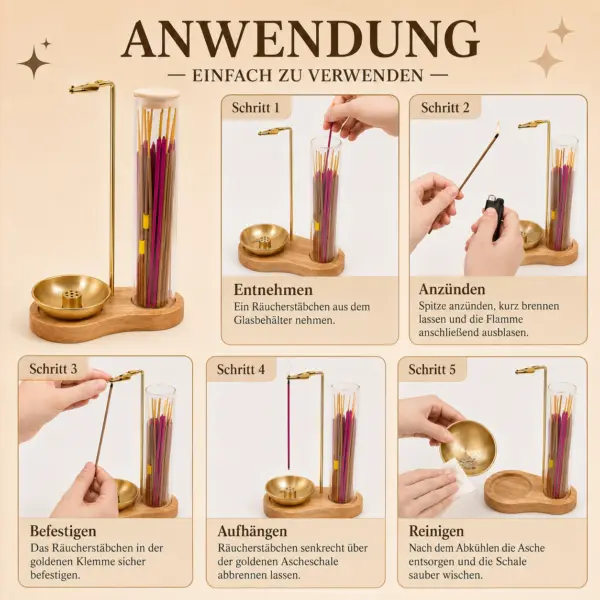 Räucherstäbchenhalter Set mit 30 Räucherstäbchen | Holz & Gold