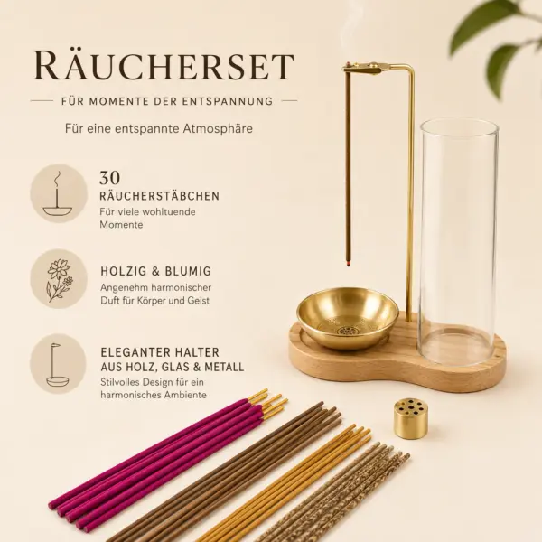 Räucherstäbchenhalter Set mit 30 Räucherstäbchen | Holz & Gold