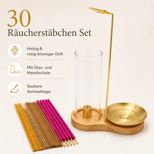 Räucherstäbchenhalter Set mit 30 Räucherstäbchen | Holz & Gold