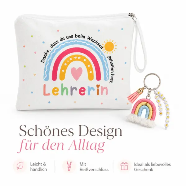 regenbogen-maeppchen-lehrerin-geschenkidee.jpg Geschenk für Lehrerin & Erzieherin – Mäppchen 22 x 18 cm mit Regenbogen & Schlüsselanhänger – Dankeschön Geschenk Abschied Schule Kita