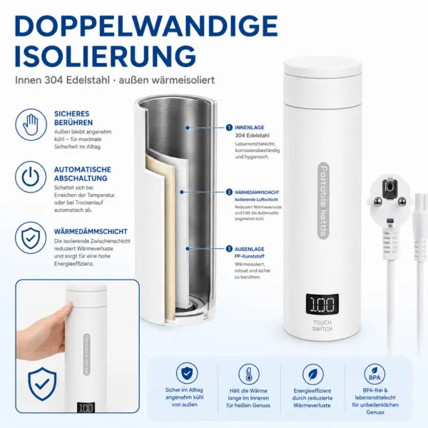 Reise-Wasserkocher tragbar mit LCD-Display – 4 Temperaturstufen, 304 Edelstahl, Touch-Steuerung & automatische Abschaltung