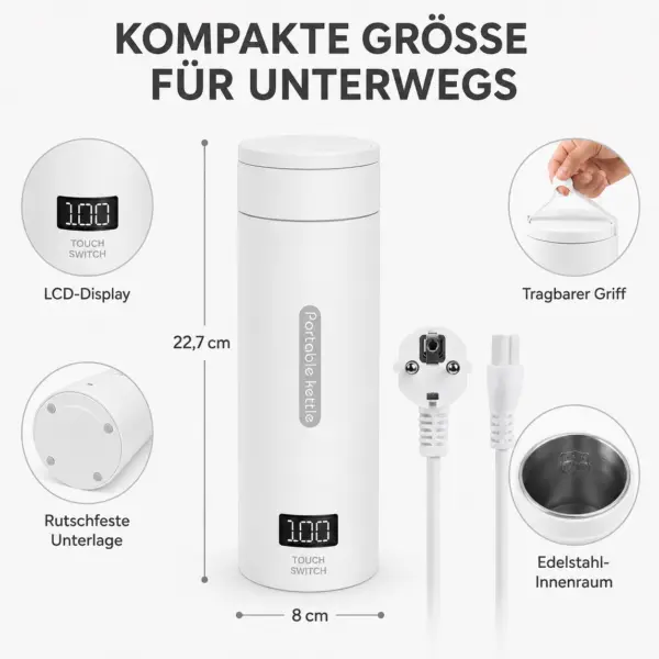 Reise-Wasserkocher tragbar mit LCD-Display – 4 Temperaturstufen, 304 Edelstahl, Touch-Steuerung & automatische Abschaltung