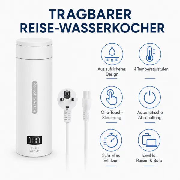 Reise-Wasserkocher tragbar mit LCD-Display – 4 Temperaturstufen, 304 Edelstahl, Touch-Steuerung & automatische Abschaltung