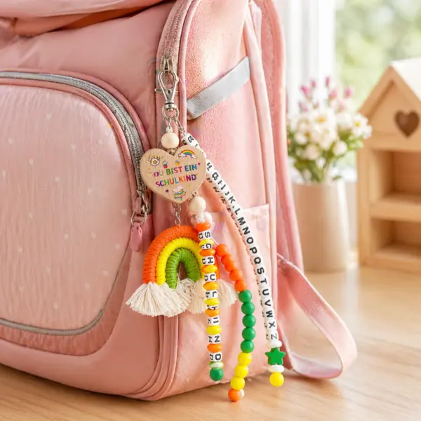 rosa Anhänger Einschulungs-Anhänger mit Geschenkbox – bunter Schulkind Schlüsselanhänger mit ABC-Perlen, Herz-Anhänger & Regenbogen – Geschenk zur Einschulung