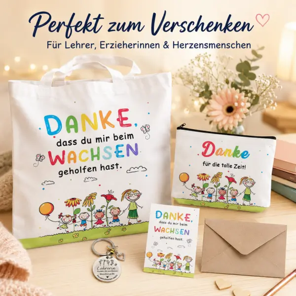 5-teiliges Geschenkset für Lehrer-in & Erzieher-in – Tragetasche 40 × 38 cm, Mäppchen 24 × 18 cm, Karte, Umschlag & Schlüsselanhänger