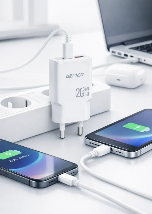 schnelles laden DERICO 20W Schnellladegerät – USB-C PD & USB-A QC 3.0 Netzteil mit 2 Anschlüssen, kompakter EU-Stecker für Smartphone, Tablet, Kopfhörer und mehr