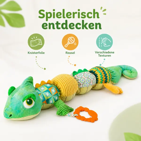 Babyspielzeug Chamäleon ca. 59 cm – Sensorik Plüschtier mit Beißring, Knister- & Geräuschelementen, Greifspielzeug für Babys