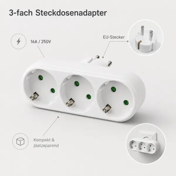 3-fach Steckdosenadapter 16A 250V – Dreifachstecker mit Schutzkontakt – kompakter Steckdosenverteiler ohne Kabel, Weiß