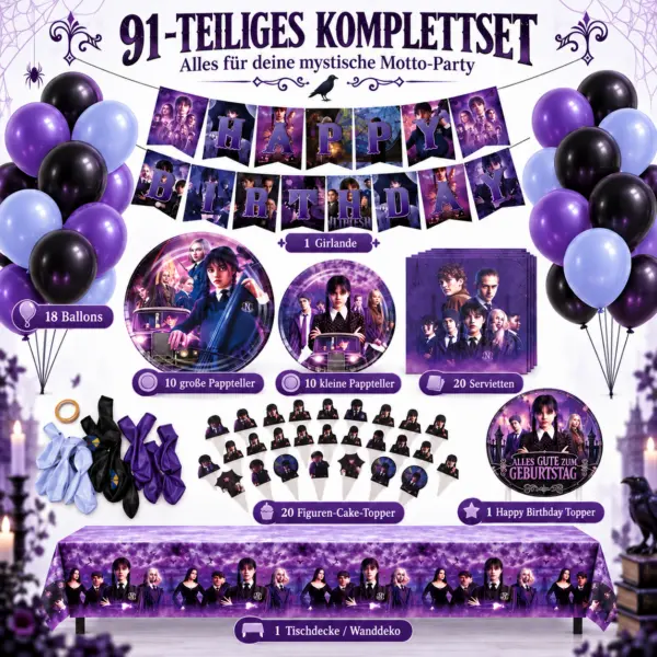 wednesday-geburtstagsdeko-91-teilig-komplettset wednesday-party-set-lieferumfang-97-teile