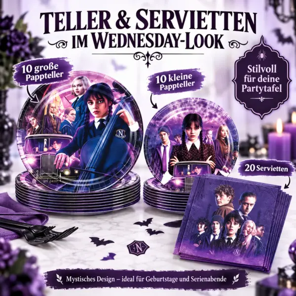 wednesday-pappteller-servietten-party-set 91-teilige Wednesday Addams Party Deko-Set