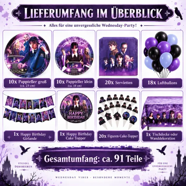 wednesday-party-set-lieferumfang-91-teile 91-teilige Wednesday Addams Party Deko-Set