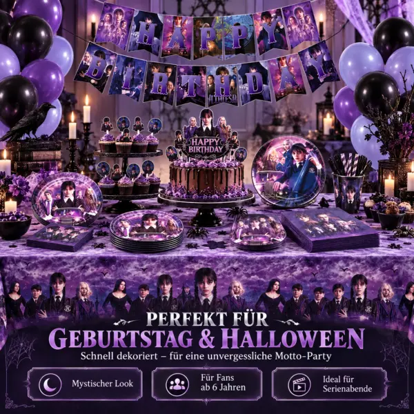 wednesday-partydeko-geburtstag-halloween 91-teilige Wednesday Addams Party Deko-Set