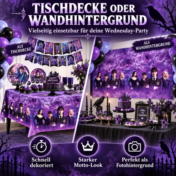 wednesday-tischdecke-wandhintergrund-partydeko 91-teilige Wednesday Addams Party Deko-Set