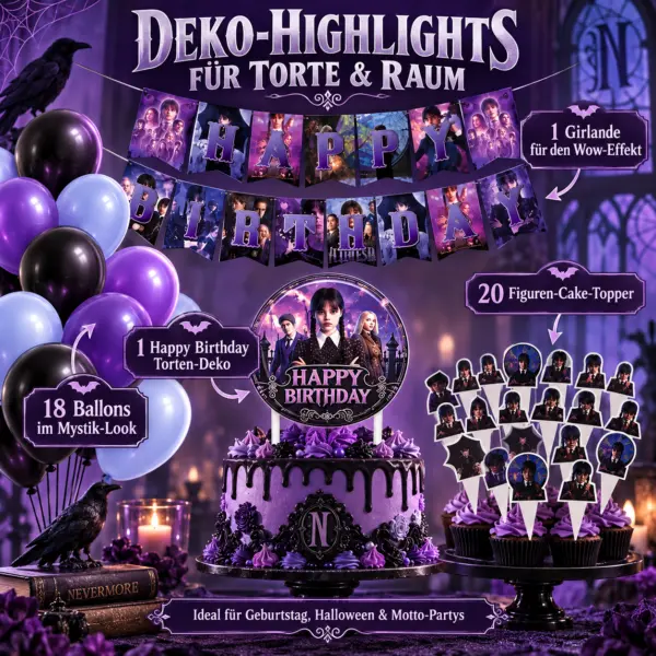 wednesday-tortendeko-cake-topper-ballons-girlande 91-teilige Wednesday Addams Party Deko-Set