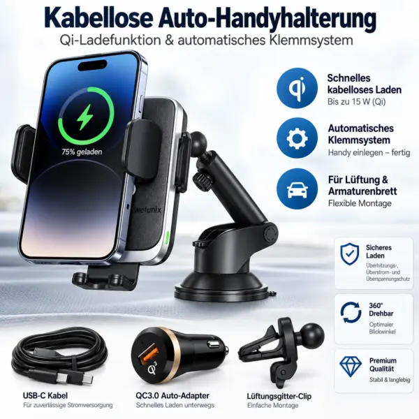 Wefunix 15W Wireless Auto Handyhalterung mit Schnellladefunktion