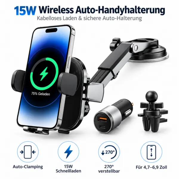15W Wireless Auto-Handyhalterung mit Schnellladefunktion – automatische Klemmarme & 270° Verstellung