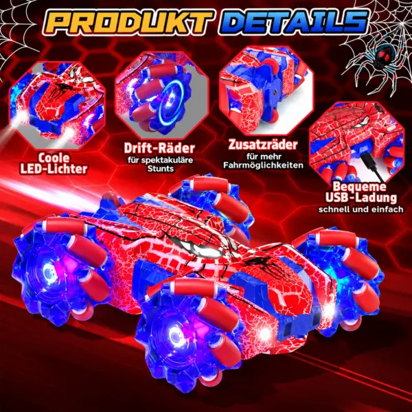RC Stuntauto mit Gestensteuerung & 2,4-GHz-Fernbedienung – 360° Drift, LED-Lichter, USB-C, Rot/Blau