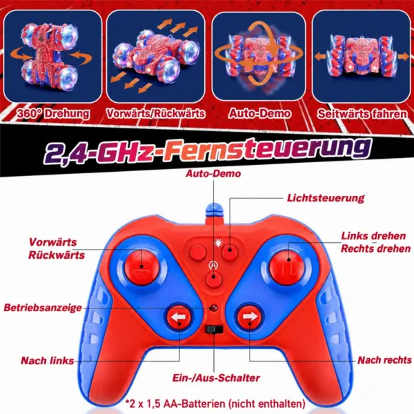 RC Stuntauto mit Gestensteuerung & 2,4-GHz-Fernbedienung – 360° Drift, LED-Lichter, USB-C, Rot/Blau