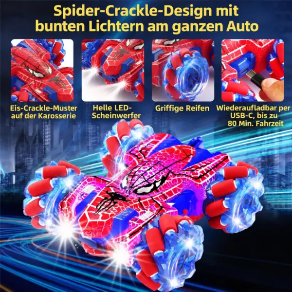 RC Stuntauto mit Gestensteuerung & 2,4-GHz-Fernbedienung – 360° Drift, LED-Lichter, USB-C, Rot/Blau