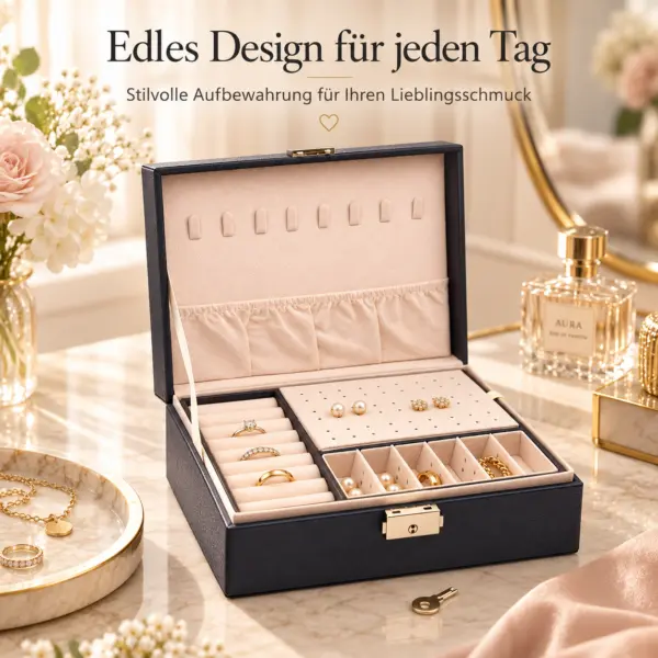Schmuckbox Schmuckbox Schwarz mit Schloss – elegante Schmuckaufbewahrung mit 2 Ebenen
