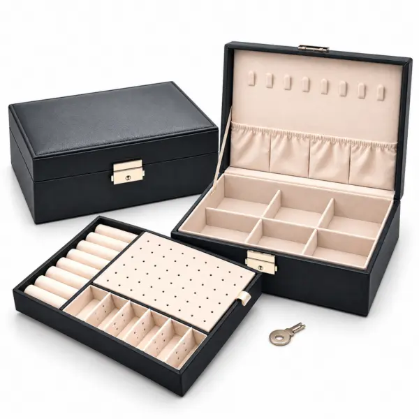 Schmuckbox Hauptfoto Schmuckbox Schwarz mit Schloss – elegante Schmuckaufbewahrung mit 2 Ebenen