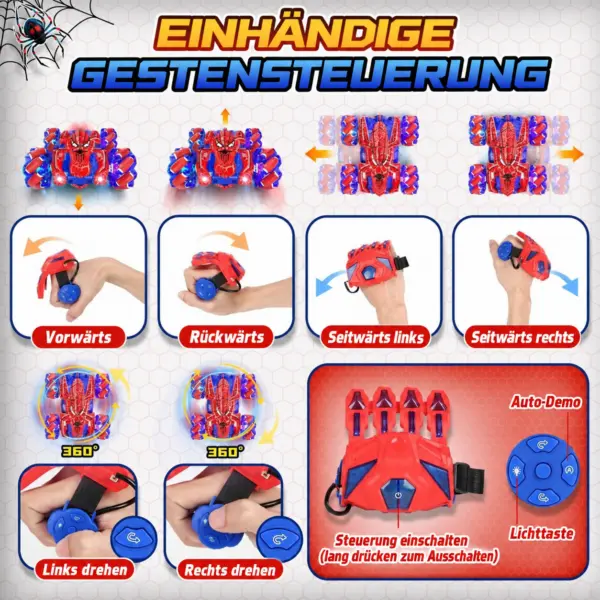 RC Stuntauto mit Gestensteuerung & 2,4-GHz-Fernbedienung – 360° Drift, LED-Lichter, USB-C, Rot/Blau