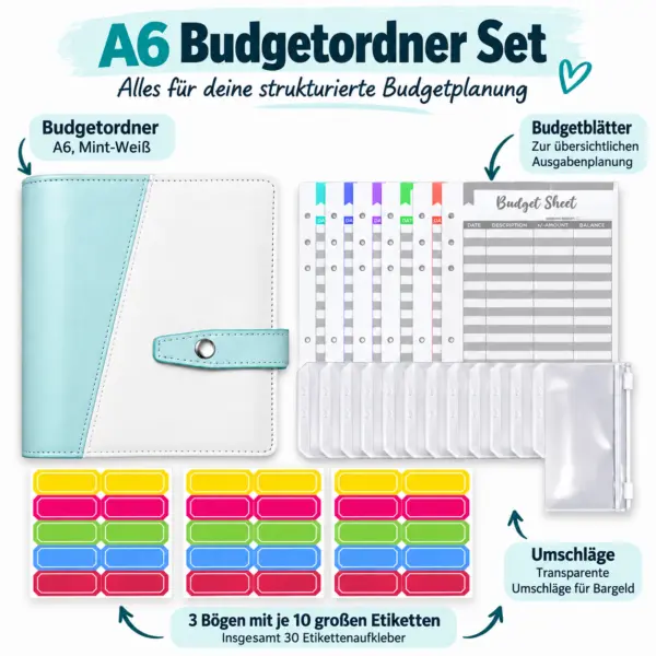 a6-budgetordner-set-30-etikettenaufkleber A6 Budgetordner Set mit Umschlägen & 30 Etiketten – Budgetplaner für Cash Stuffing & Sparziele
