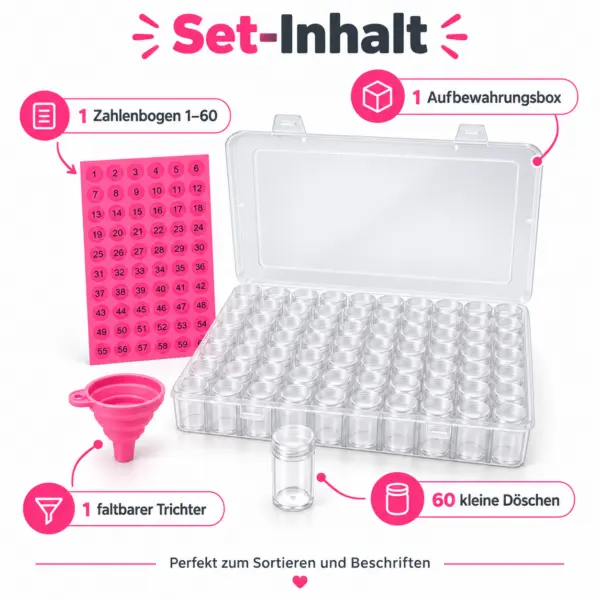 aufbewahrungsbox-60-doeschen-set-inhalt Aufbewahrungsbox mit 60 Schraubdöschen, Trichter & Zahlenaufklebern 1–60