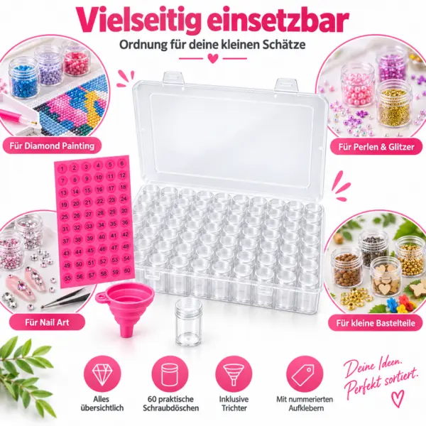 aufbewahrungsbox-kleinteile-diamond-painting-perlen Aufbewahrungsbox mit 60 Schraubdöschen, Trichter & Zahlenaufklebern 1–60