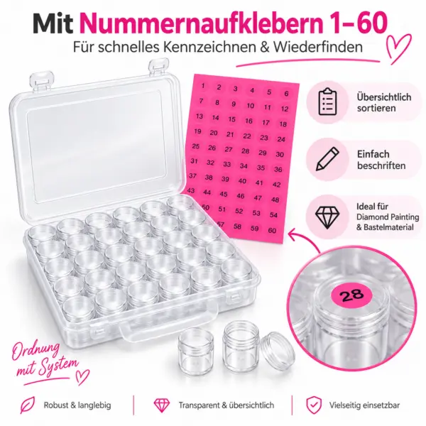 aufbewahrungsboxen-2-boxen-je-30-doeschen Aufbewahrungsboxen mit 60 Schraubdosen & Nummernaufklebern 1–60