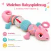 Baby Sensorik Spielzeug Chamäleon Rosa – Plüsch Greifspielzeug mit Beißring, Rassel, Knisterelementen & verschiedenen Stoffstrukturen – Motorikspielzeug für Babys