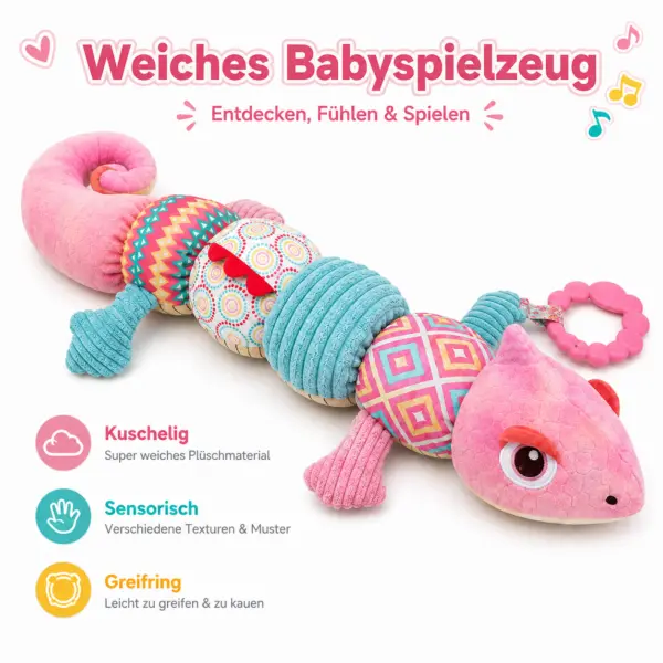 Baby Sensorik Spielzeug Chamäleon Rosa – Plüsch Greifspielzeug mit Beißring, Rassel, Knisterelementen & verschiedenen Stoffstrukturen – Motorikspielzeug für Babys