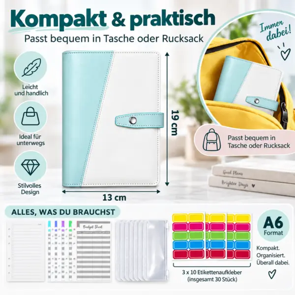 budgetordner-a6-kompakt-fuer-unterwegs A6 Budgetordner Set mit Umschlägen & 30 Etiketten – Budgetplaner für Cash Stuffing & Sparziele
