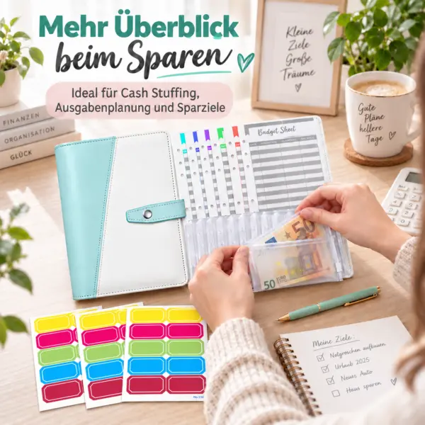 budgetordner-cash-stuffing-sparziele A6 Budgetordner Set mit Umschlägen & 30 Etiketten – Budgetplaner für Cash Stuffing & Sparziele