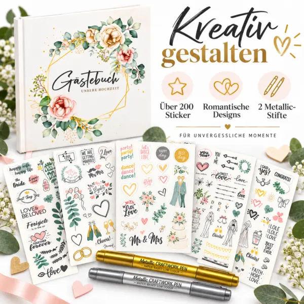 Gästebuch Hochzeit Set mit über 200 Stickern & 2 Metallic-Stiften in Gold und Silber