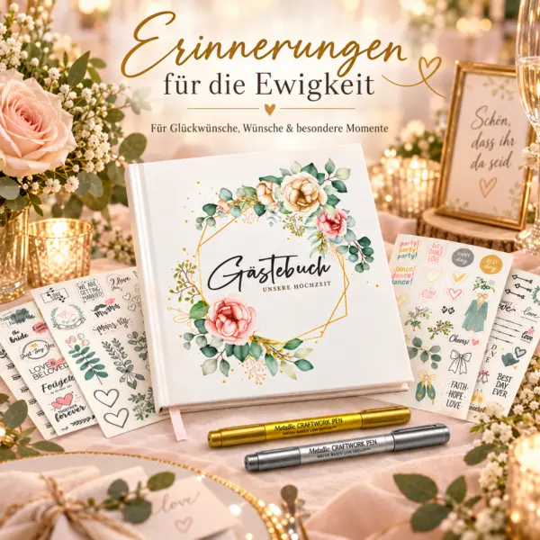 Gästebuch Hochzeit Set mit über 200 Stickern & 2 Metallic-Stiften in Gold und Silber