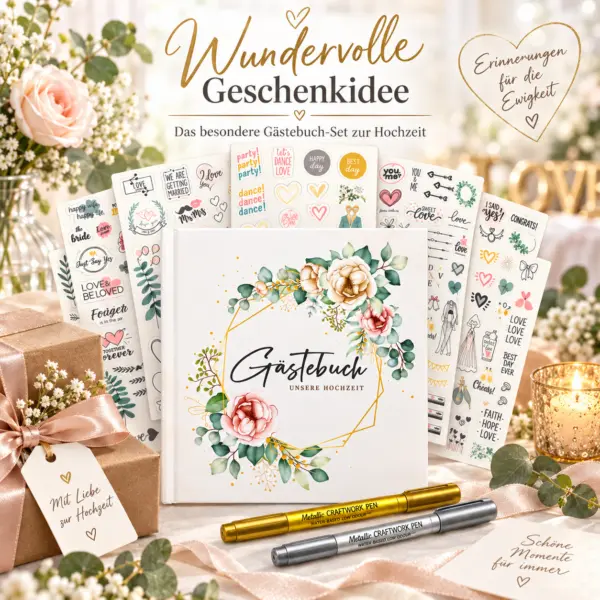 Gästebuch Hochzeit Set mit über 200 Stickern & 2 Metallic-Stiften in Gold und Silber