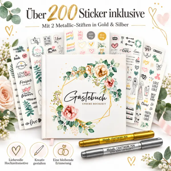 Gästebuch Hochzeit Set mit über 200 Stickern & 2 Metallic-Stiften in Gold und Silber