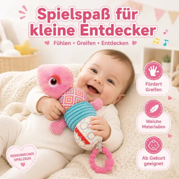 Baby Sensorik Spielzeug Chamäleon Rosa – Plüsch Greifspielzeug mit Beißring, Rassel, Knisterelementen & verschiedenen Stoffstrukturen – Motorikspielzeug für Babys