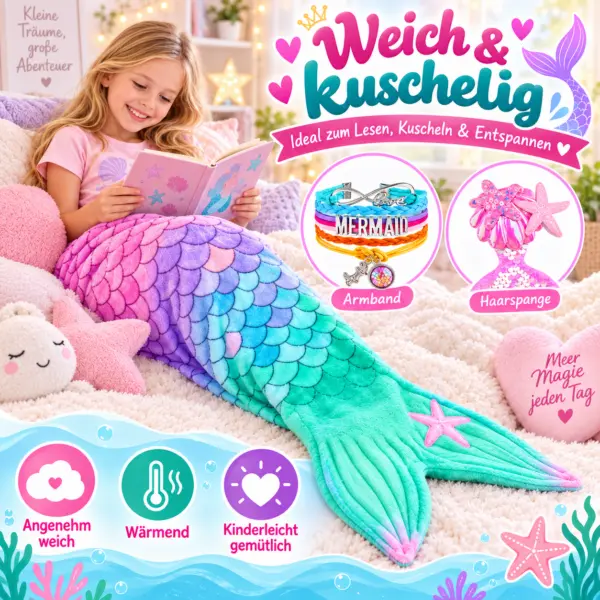 3-teiliges Meerjungfrauen-Set für Kinder – Kuscheldecke mit Armband & Haarspange