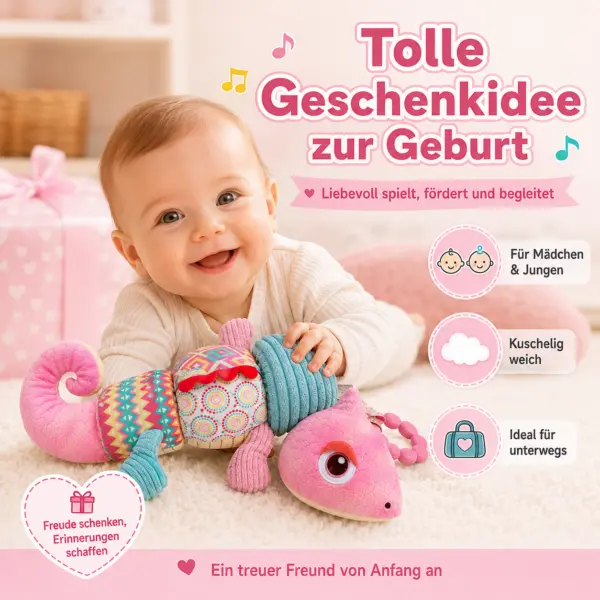 Baby Sensorik Spielzeug Chamäleon Rosa – Plüsch Greifspielzeug mit Beißring, Rassel, Knisterelementen & verschiedenen Stoffstrukturen – Motorikspielzeug für Babys