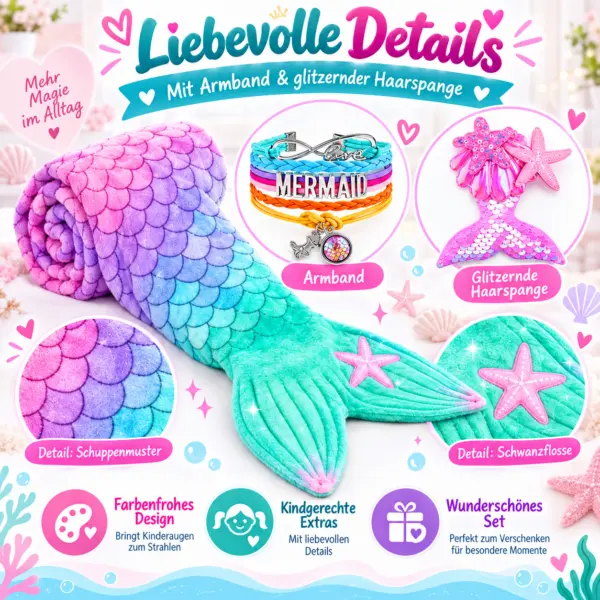 3-teiliges Meerjungfrauen-Set für Kinder – Kuscheldecke mit Armband & Haarspange