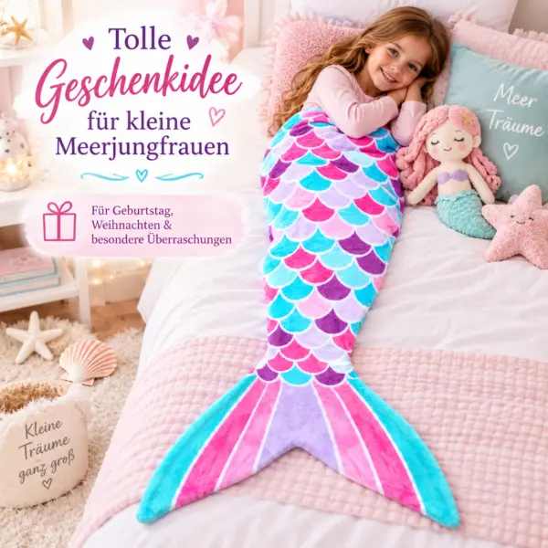 meerjungfrauen-decke-geschenkidee-maedchen Meerjungfrauen-Decke für Kinder – kuschelige Flossen-Decke in Rosa, Türkis & Lila