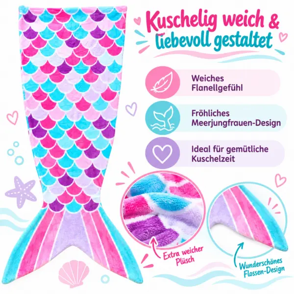 meerjungfrauen-decke-kuschelig-weich-flossen-design Meerjungfrauen-Decke für Kinder – kuschelige Flossen-Decke in Rosa, Türkis & Lila