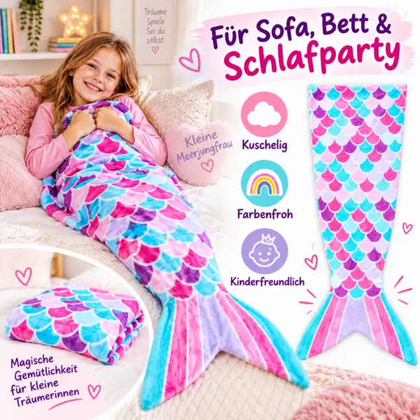 meerjungfrauen-decke-schlafparty-kinder Meerjungfrauen-Decke für Kinder – kuschelige Flossen-Decke in Rosa, Türkis & Lila
