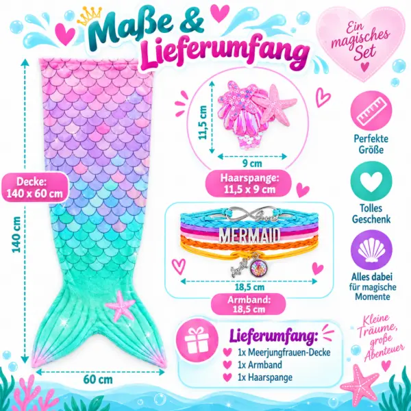 3-teiliges Meerjungfrauen-Set für Kinder – Kuscheldecke mit Armband & Haarspange