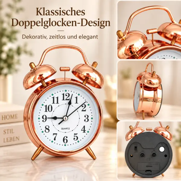 Retro Doppelglocken-Wecker in Rose-Gold – klassisches Design trifft modernen Wohnstil