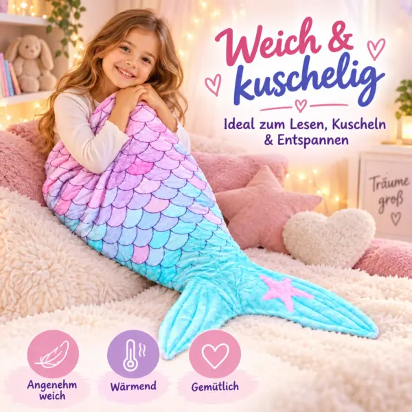 pastellfarbene-meerjungfrauen-decke-hauptbild Meerjungfrauen-Decke für Kinder 160 × 70 cm – weiche Flanell-Kuscheldecke im pastellfarbenen Flossen-Design