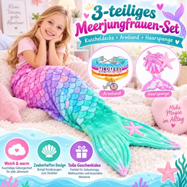 3-teiliges Meerjungfrauen-Set für Kinder – Kuscheldecke mit Armband & Haarspange